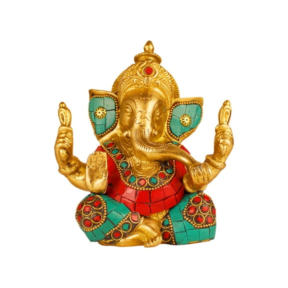 Brass World Brass Ganesha Ganpati in Multicolour Stone Idol Ganesh Statue for Blessing Happiness, Health and Wealth Home Office Temple Puja 5.5 Inch