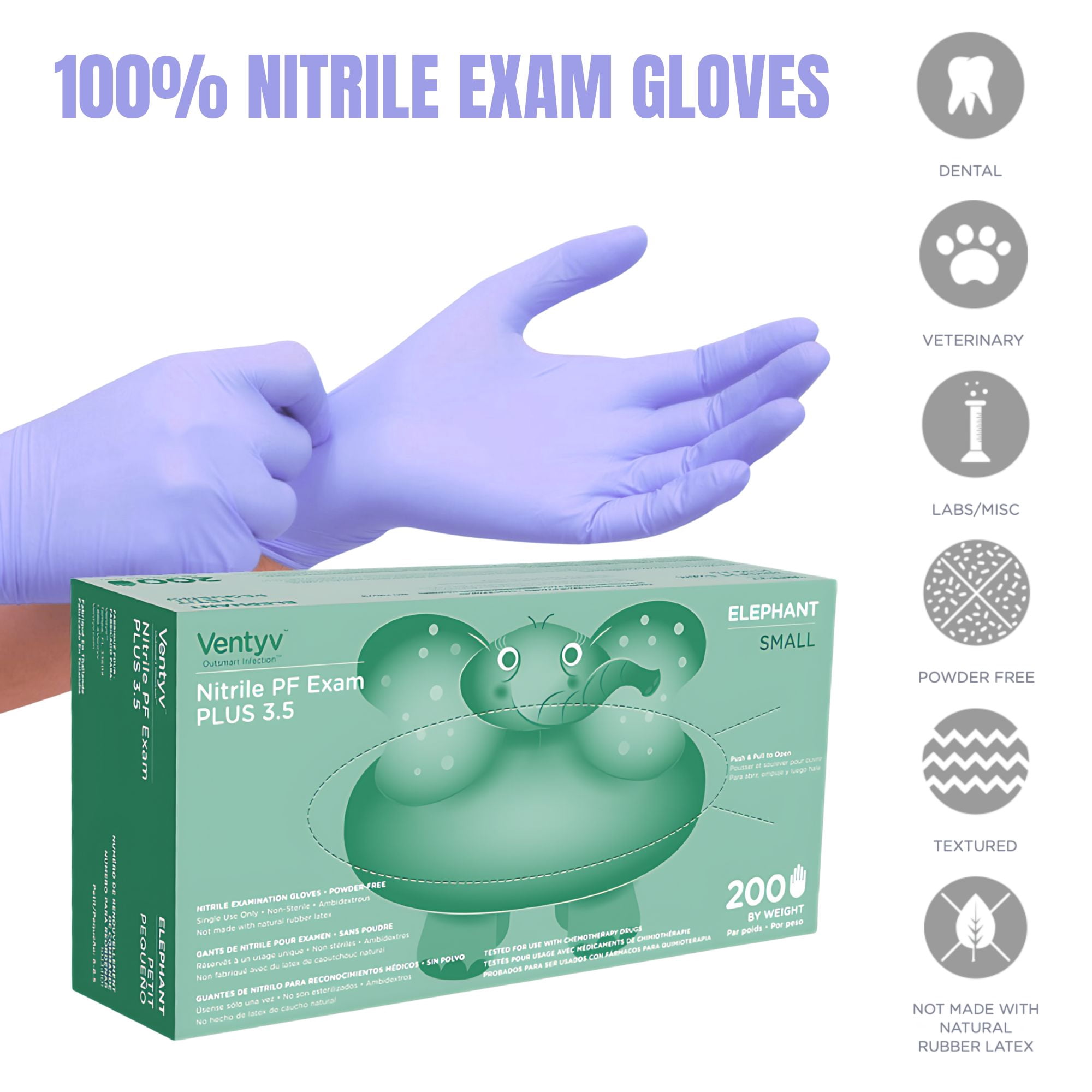 Ventyv Nitrile Exam Gloves – Violet Blue, 3.5 mil, Small – Latex-Free, Powder-Free – 2000 Gloves (10 Boxes of 200)