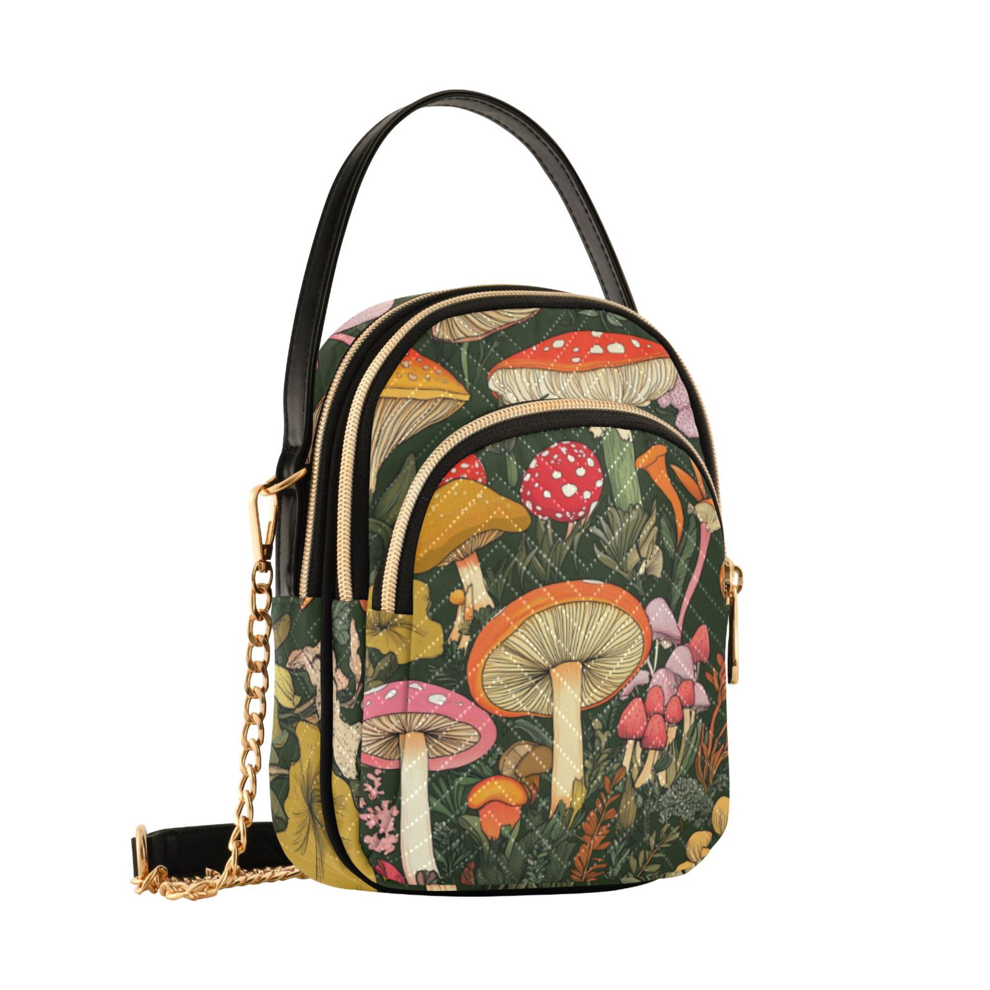 FORMRS Crossbody Bag for Women Quilted Travel Shoulder Cell Phone Purse with Chain Strap Handbag, Colorful Mushroom