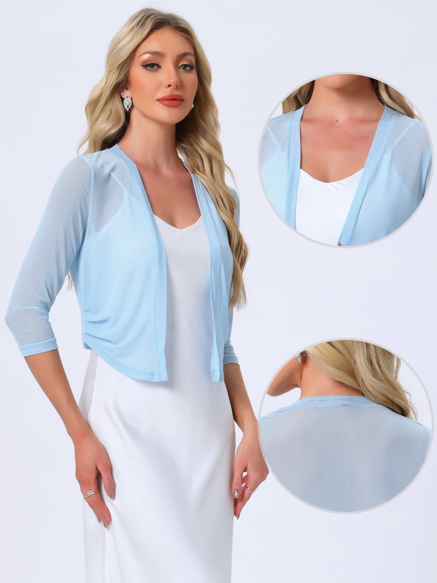 DARING DIVA Elegant Women's 3/4 Sleeve Sheer Mesh Cardigan Dresses S Light Blue