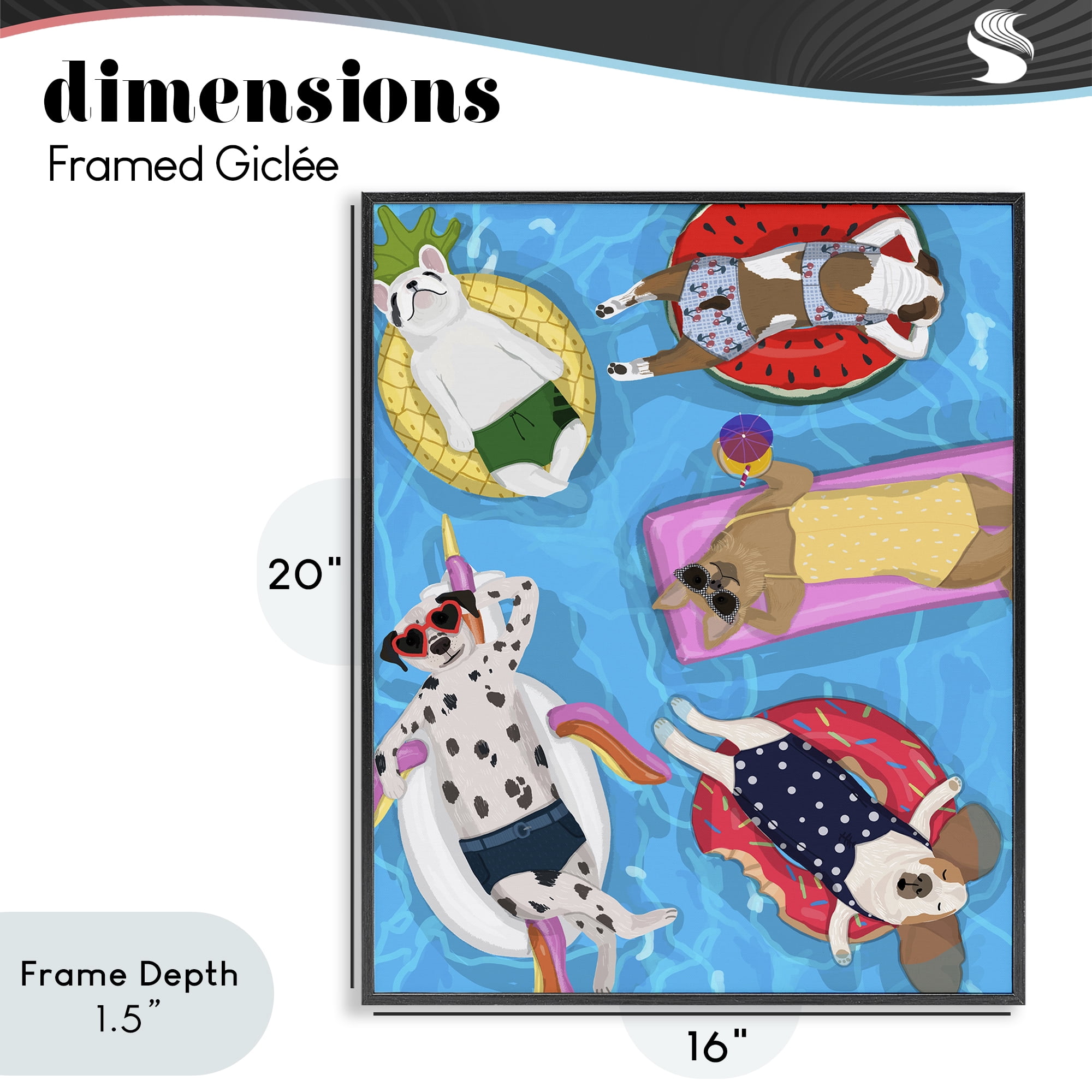 Stupell Industries Summer Sunbathing Dogs Black Framed Giclee Art, design by Hanna Melin