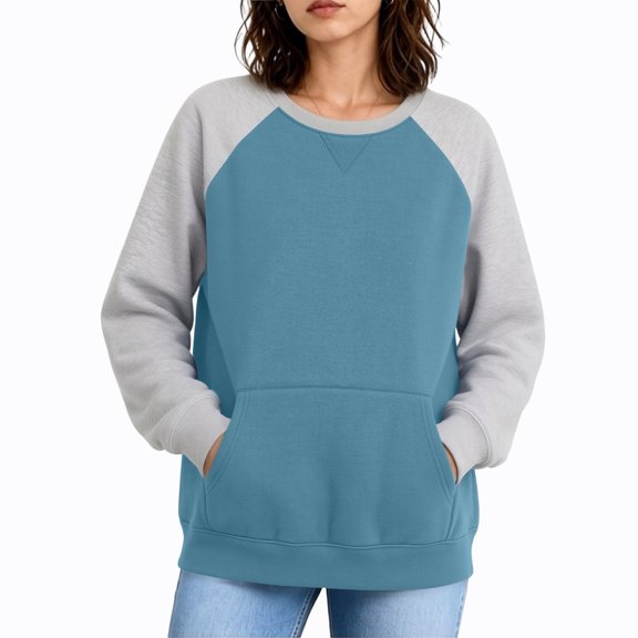 Vivianyo HD Women's Long Sleeve Color Block Raglan Sweatshirt, Womens Contrast Crew Neck Loose Pullover Top, Fall Casual Knit for Shopping and Casual Meet‑Up, Sizes S-2XL
