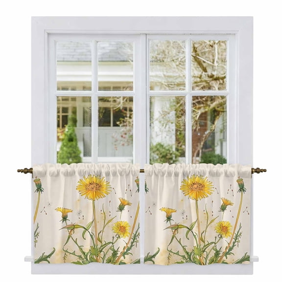 Yellow Floral Botanical Tier Curtains, Farmhouse Watercolor Flower Light Filtering Kitchen Curtains, 2Pcs Rod Pocket Half Window Treatments Panels for Sink Cafe Cabinet Camper 27.5x24 Inches