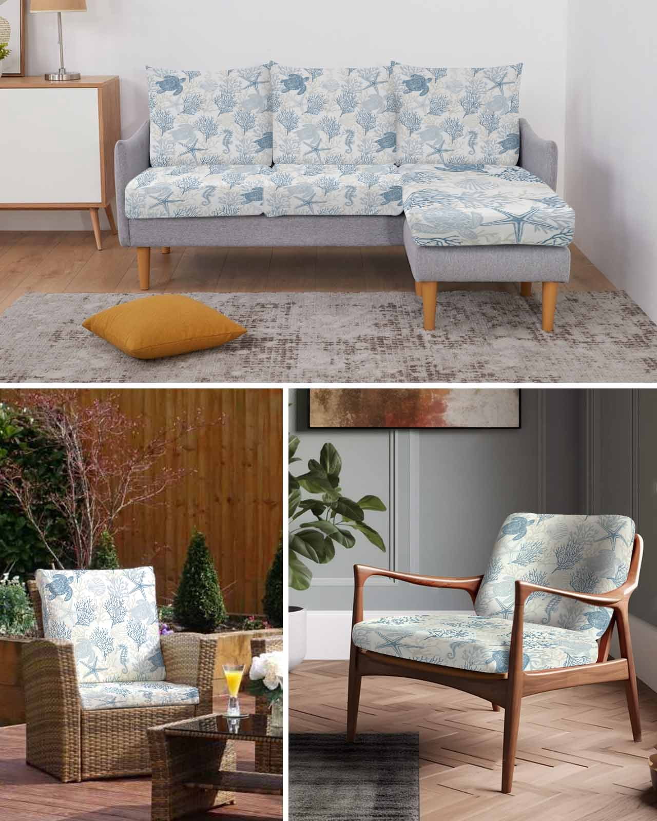 Blue Grey Coastal Couch Cushion Covers Stretch, Washable Sofa Seat Covers Individual Seat Cushion Sofa Slipcovers Sea Turtle Nautical Coral Summer Beach Couch Cover Furniture Protector S-1PCS