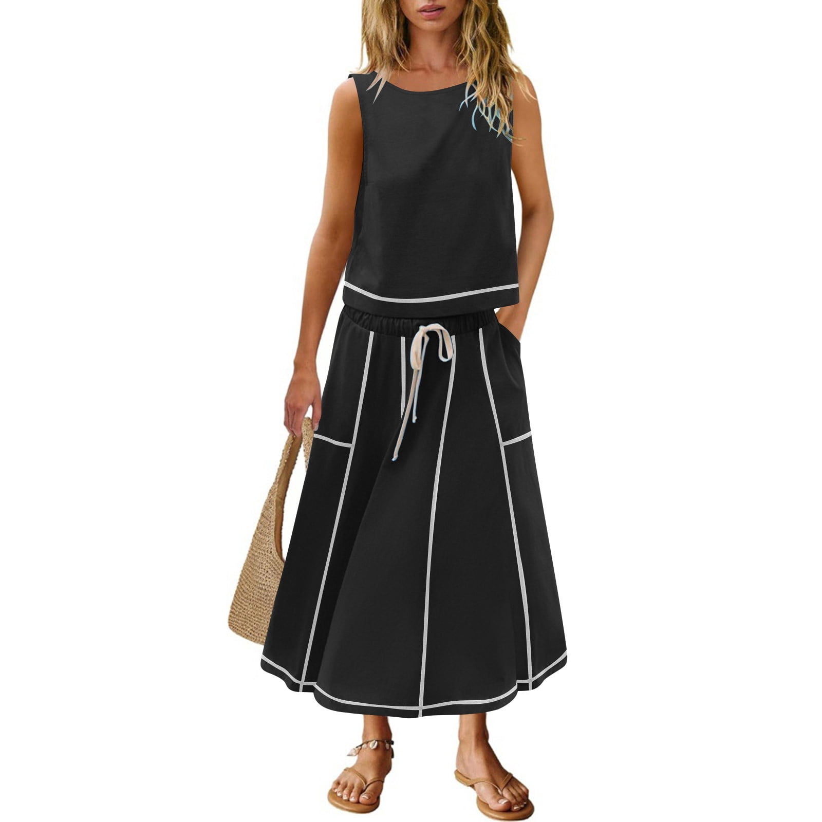 Sentmoon Women Sets Womens Boho Dresses Business Casual Sleeveless Formal Dresses for Women Summer Solid Color Regular Fit Plus Size Athletic Dress Comfy for Everyday Casual Wear L
