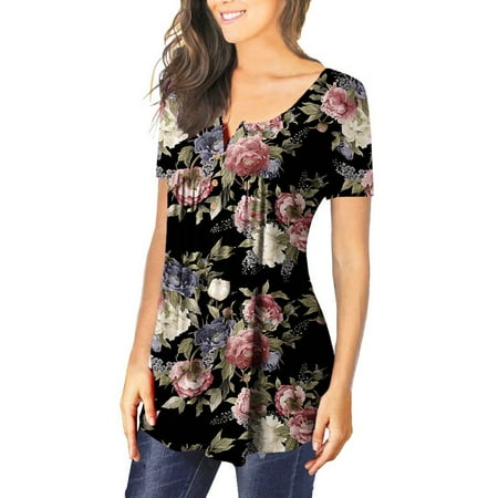 

Simplmasygenix Women Tops Summer Clearance Women Fashion V- Neck Floral Printed Tunic Tops Buttons Short Sleeve T-shirt