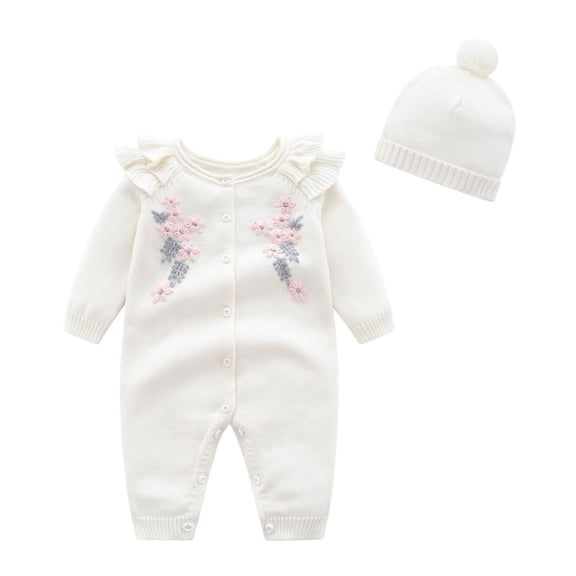 Coerni Toddler Girls Ruffle Floral Rompers Set New Born Baby Knit Suit Jumpsuit Clorhes with Hat Little Sister Button Pajamas