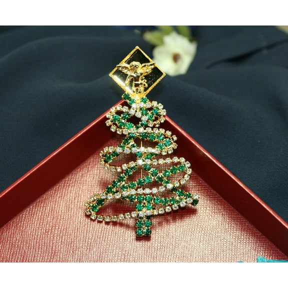 Vintage Rhinestone Christmas Tree Pin Brooch Angel Topper