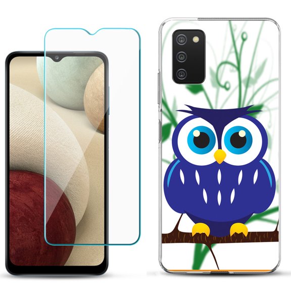 Slim-Fit TPU Phone Case Compatible with Samsung Galaxy A02s, with Tempered Glass Screen Protector, by OneToughShield ® - Blue Owl