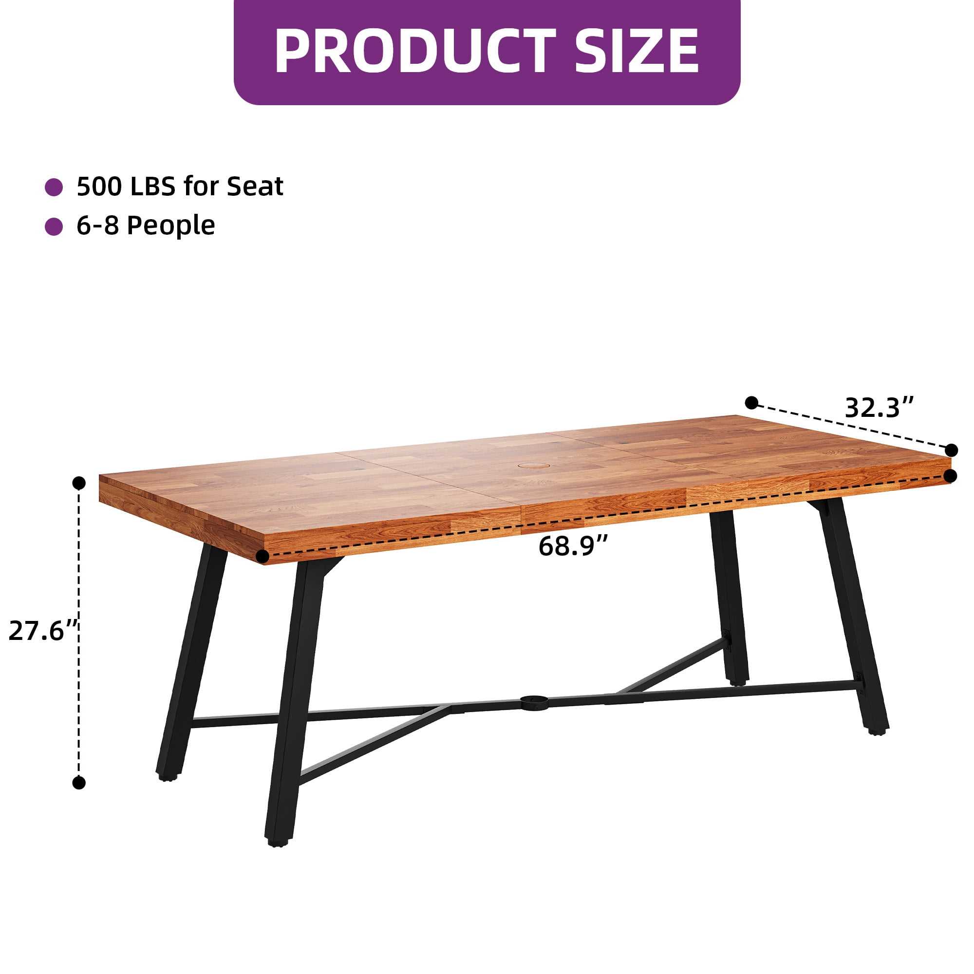 Uforic 68.9" Acacia Wood Dining Table, Rustic Rectangular Table with Metal Legs, 6-Seater Heavy Duty Indoor & Outdoor Table for Patio, Backyard and Dining Room, 500 LBS Max Load