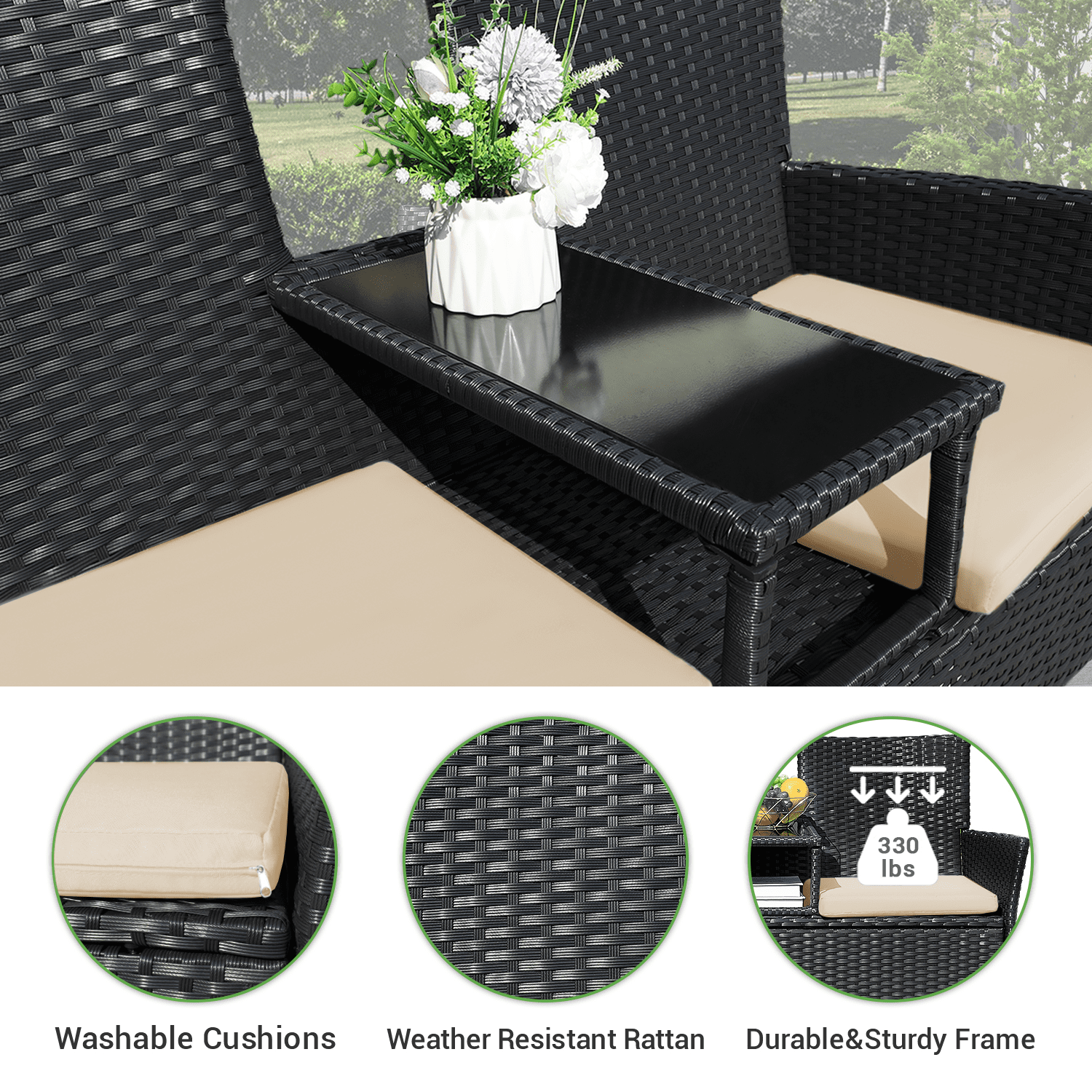 Devoko Outdoor Patio Loveseat Modern Rattan Patio Conversation Furniture Set with Cushions and Built-in Coffee Table Porch Furniture for Garden Lawn Backyard, Beige