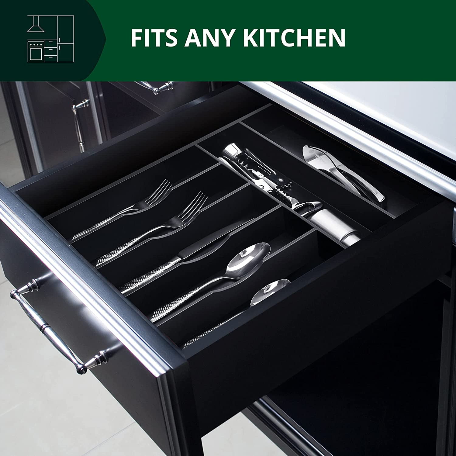 Royal Craft Wood Bamboo Kitchen Drawer Organizer Tray – Silverware Drawer Organizer and Utensil Holder for Flatware, Cutlery & Kitchen Storage (7 Slot, Black)
