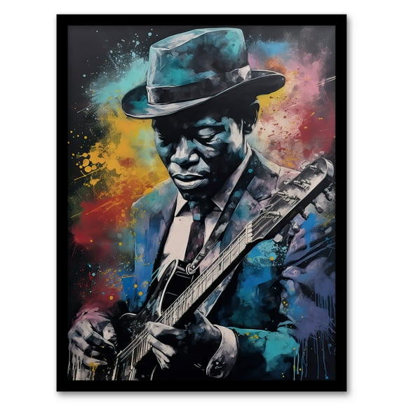 Modern Blues Music Musician Colourful Painting Splat Art Portrait Art Print Framed Poster Wall Decor 12x16 inch