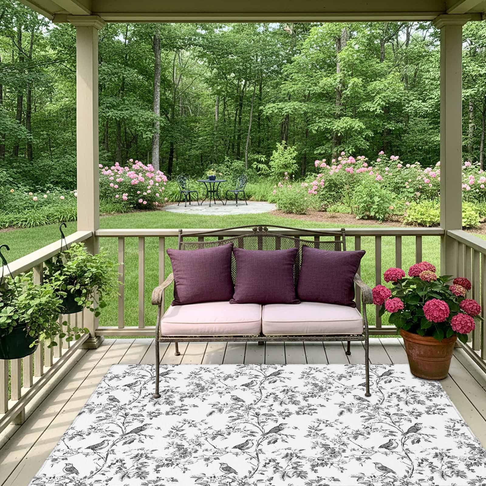Outdoor Rug 5x8ft Flower Plant Large Area Rug Floral Birds Indoor Outdoor Carpet Outdoor Rugs Mats for Patio Camping,RV,Front Door, Outside Decor