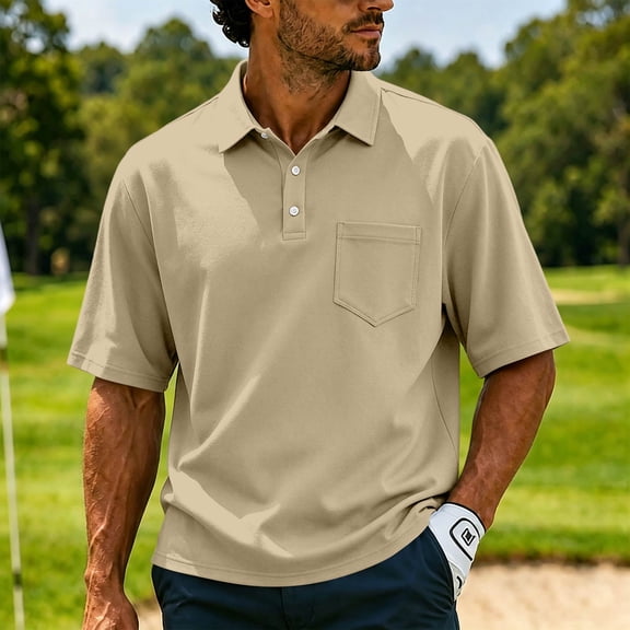Polo Shirts for Men Short Sleeve Collared Golf Shirt with Pocket Moisture Wicking Quick Dry Performance Polos Light Brown 2XL