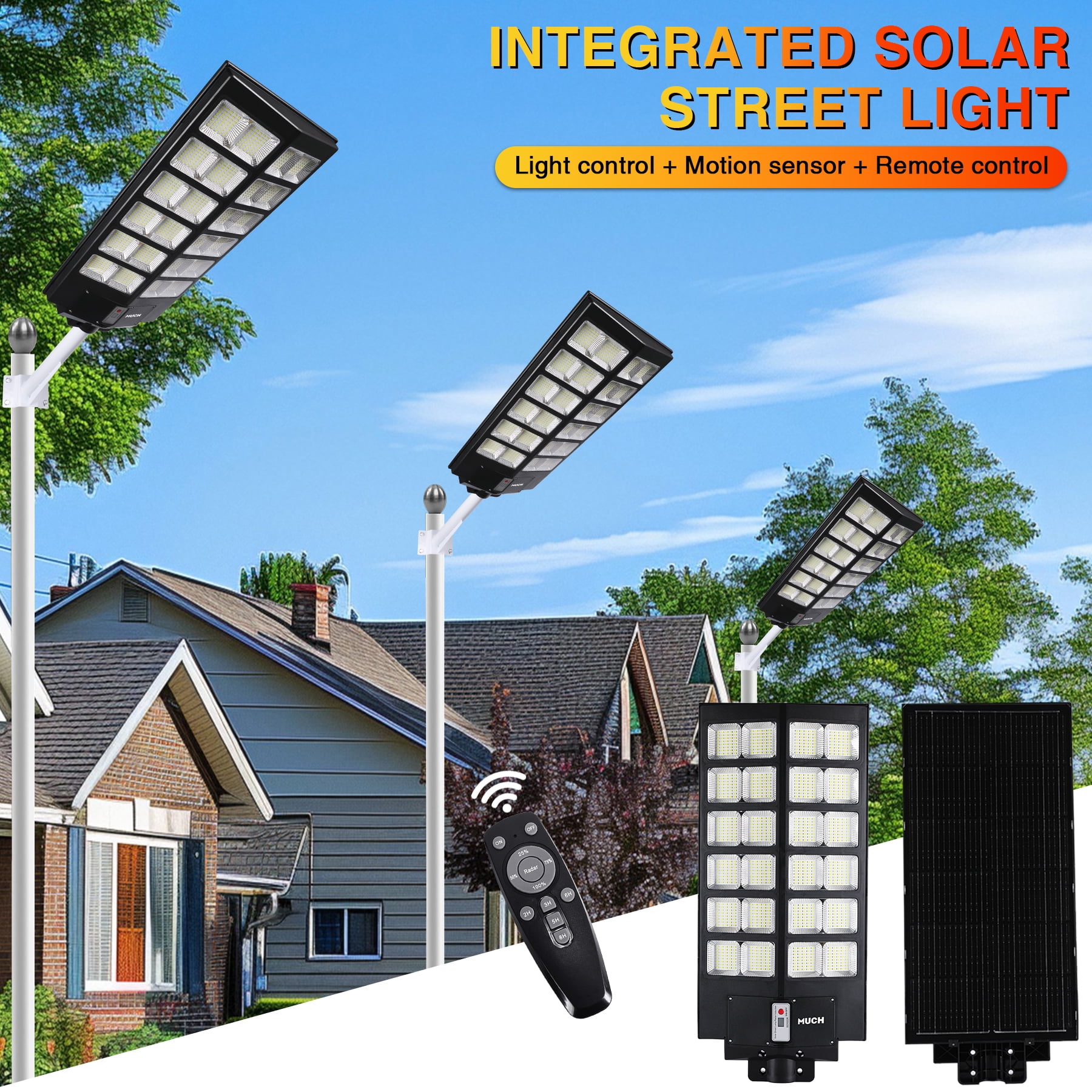 MUCH 10000W Super Bright Solar Street Light with Pole, 960 LED 220° Wide Angel Commercial Parking Lot Lights 35000mAh Outdoor Dusk to Dawn Solar Security Flood Light w/Motion Sensor Remote Control