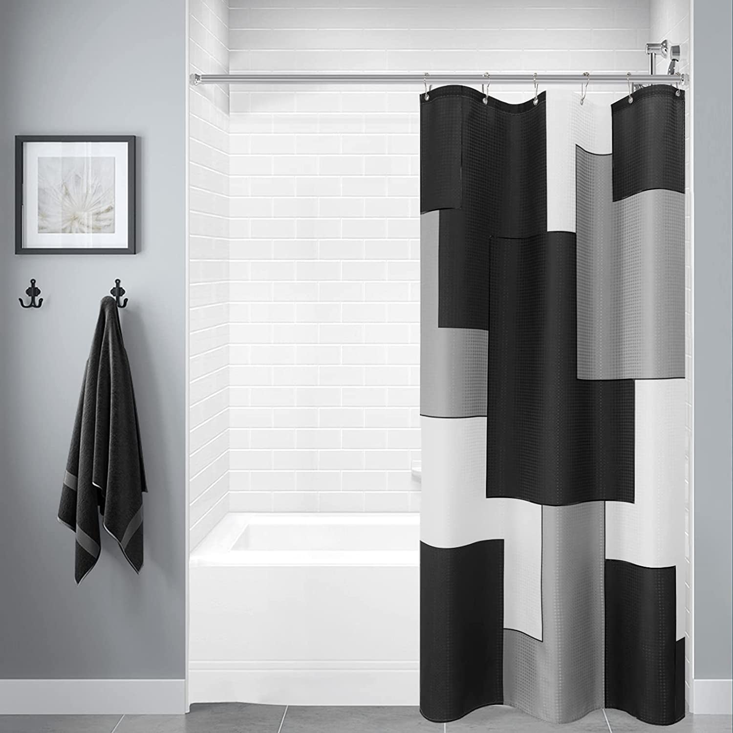Small Stall Shower Curtain 36W x 72L, Black Half Size Shower Curtain Liner, Modern Geometric