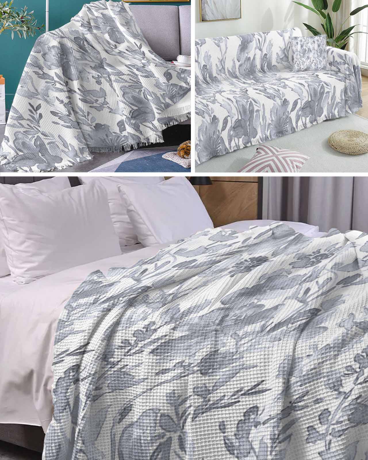 Gray Botanical Sofa Covers for 3 Cushion Couch,Washable Sectional & L Shape Couch Covers for Dog/Cat/Kid,Floral Flower Abstract Contemporary Plant Non Slip Sofa Slipcover Tassel Futon Cover 71x150