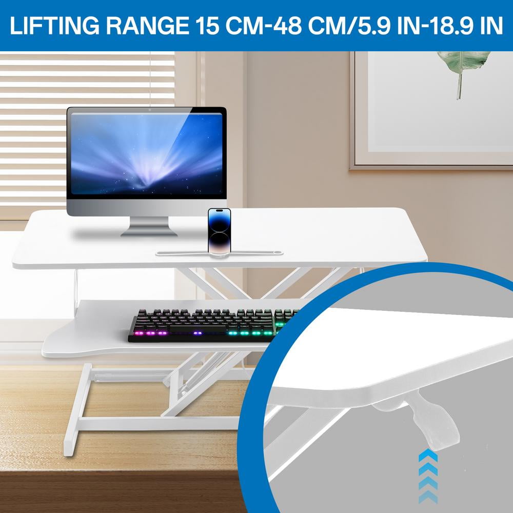 Adjustable Standing Desk Converter, Height Adjustable Desk Riser, Manual Pneumatic Spring Laptop Workstation with Keyboard Tray for Home, School (White)