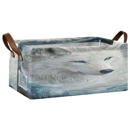 Wobogo White Wolf with Blue Eyes Storage Basket Soccer Plaid Fabric Oversized Collapsible Hoard Box with Metal Iron Frame 16.9×11.4×7.7in