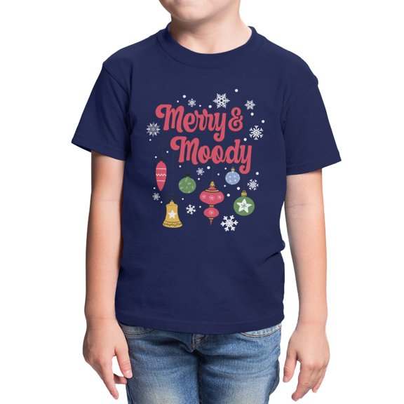 Graphic Apparel Christmas Youth Merry Moody Ornaments And Snowflakes T-Shirt - Navy - Small