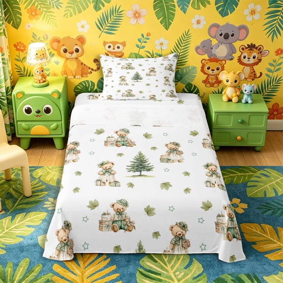 Castle Fairy Kawaii Animal Bear Twin Sheets 3pcs,Cartoon Wildlife Bedding,Sage Off White,1 Fitted Sheet, 1 Flat Sheet and 1 Pillowcase
