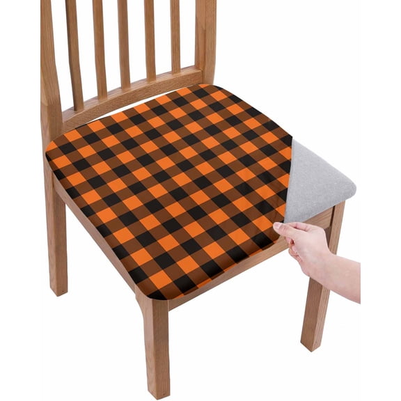Black Orange Plaid Chair Seat Covers for Dining Room Stretch Chair Seat Covers Set of 2, Farmhouse Buffalo Check Gingham Chair Seat Protector Cushion Slipcovers for Kitchen Restaurant Office