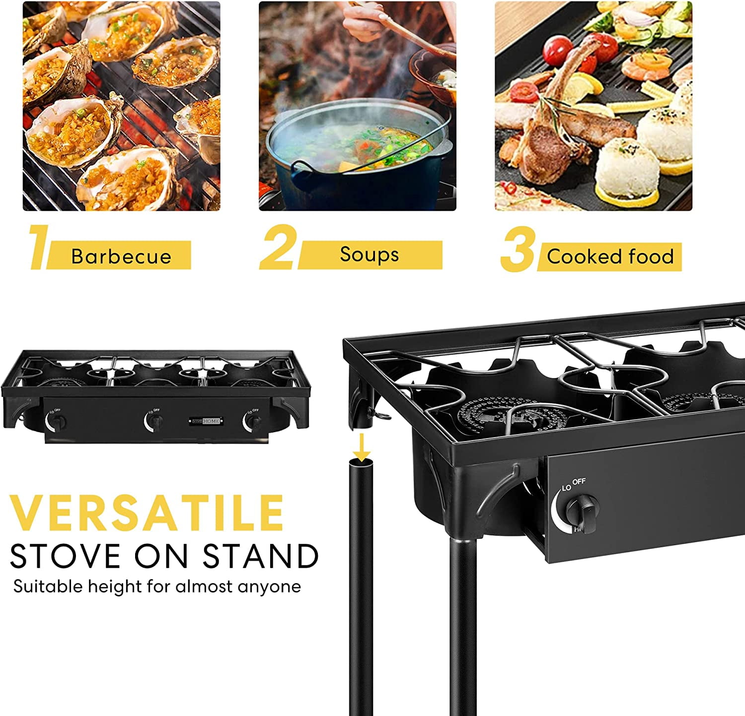 SPECSTAR 3-Burner Propane Camping Stove, Max. 225,000 BTU/hr, with Detachable Legs Stand for Camping Cookout