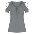 thumbnail image 4 of Wycnly Womens Tops Solid Short Sleeve V-Neck Tee Shirts Summer Tie Front Sexy Slim Fit Strappy Cold Shoulder Tunic Blouse Gray M Clearance Clothes, 4 of 5