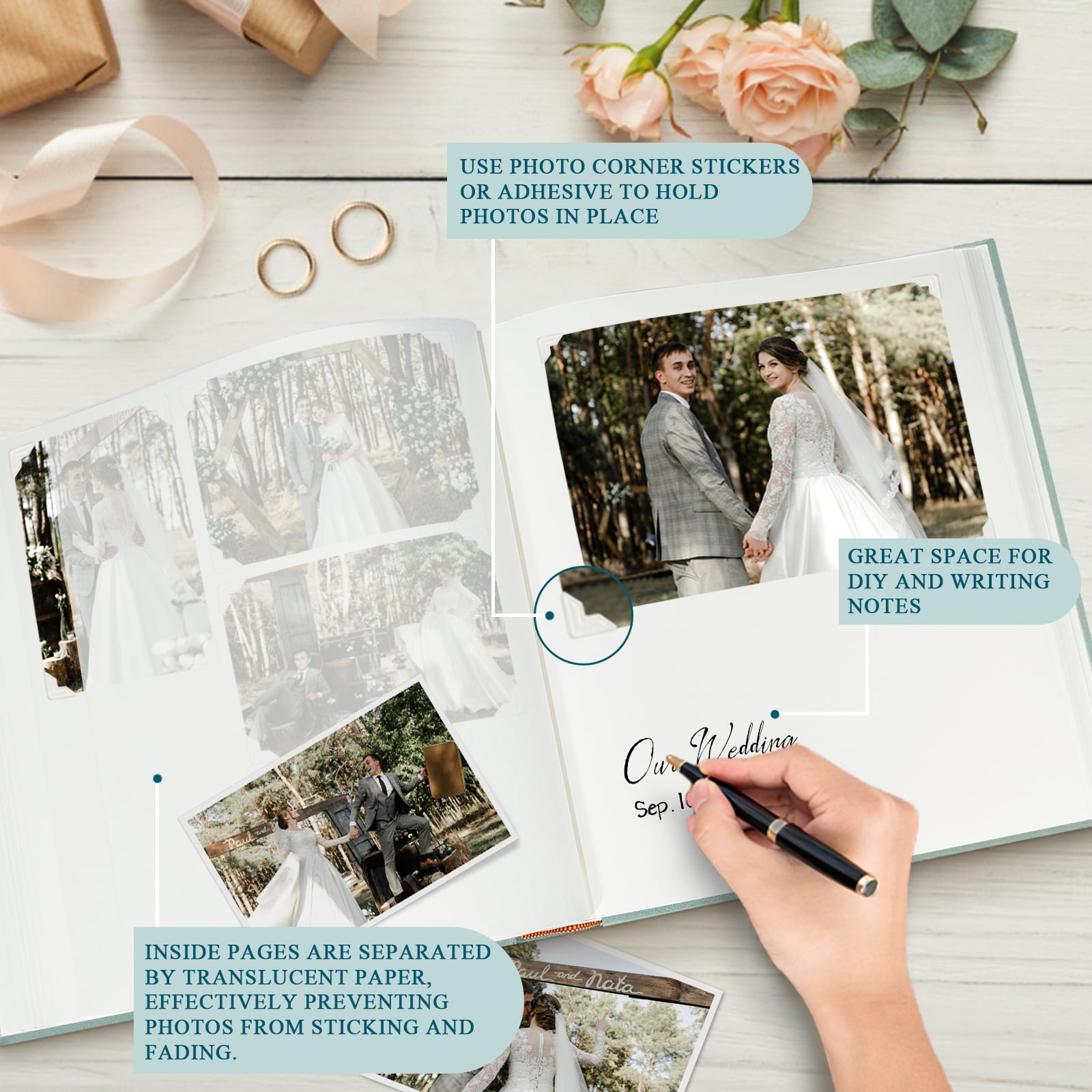Customizable Scrapbook Album with Writing Space - Acid-Free 11.6 x 13 Inch Photo Album for Weddings, Baby, Graduation - Holds 3x5 to 8x10 Photos & Mementos (Blue)