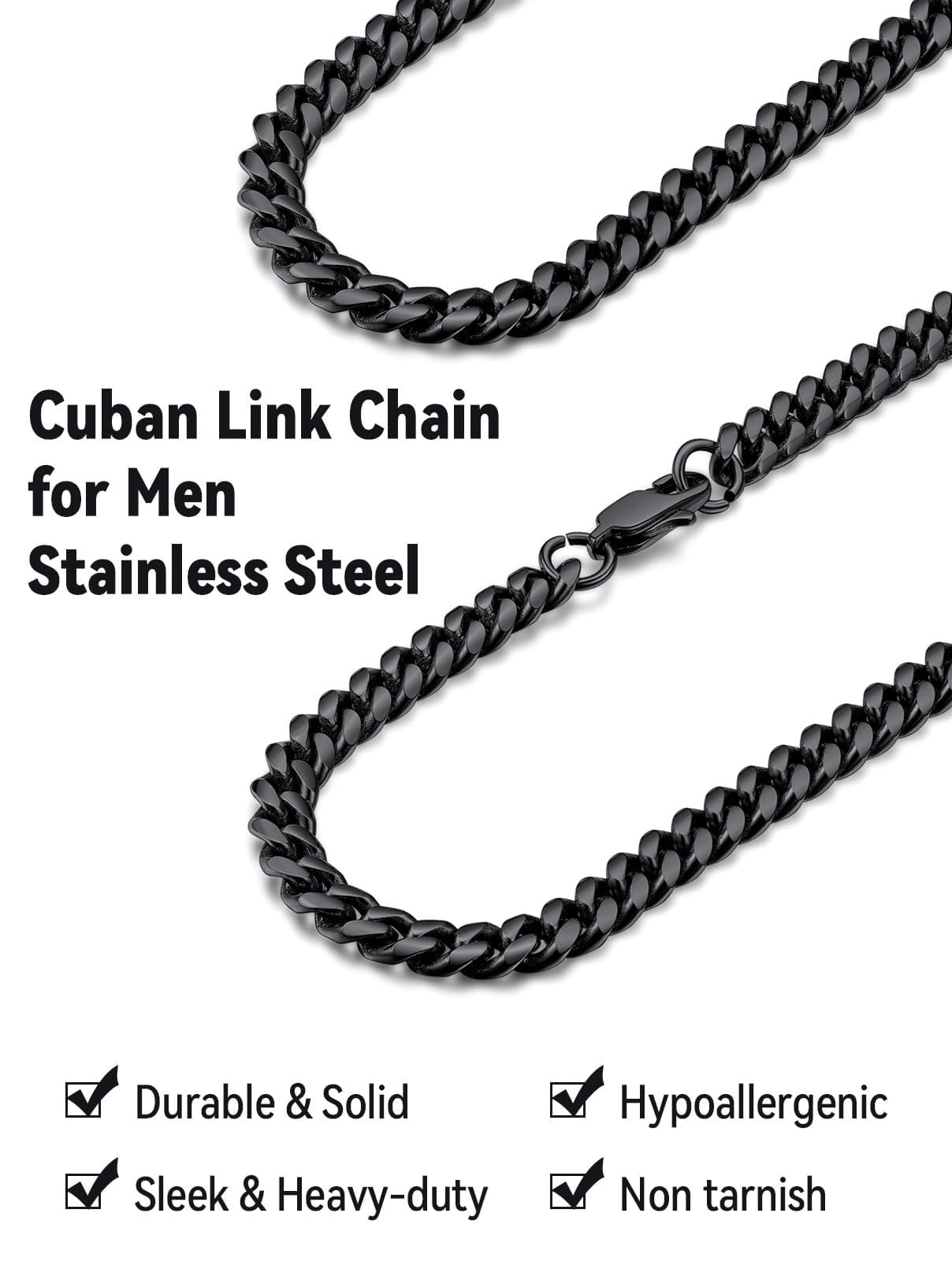 FaithHeart Chunky Miami Cuban Link Chain Necklace for Men Black Stainless Steel Hip Hop Chains Necklaces 6mm Width 30 Inches Length Jewelry with Gift Box for Dad Son Father's Day