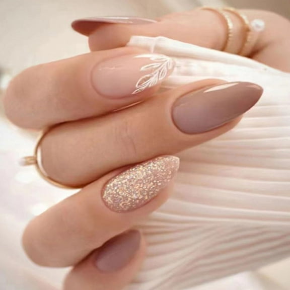 Almond Shaped Press on Nails Medium Light Coffee Acrylic Fake Press Ons Nails with Glitter Design Glue on Glossy Full Cover Artificial False Stick on Nail for Girls Women Daily Wear 24PCS Light Coffe