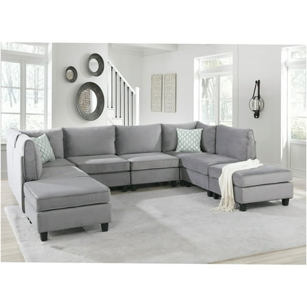 JERFIT Gray Velvet Modular Sectional Sofa, 8-Piece L-Shaped Couch Set with Ottoman and Pillows for Modern Living Room