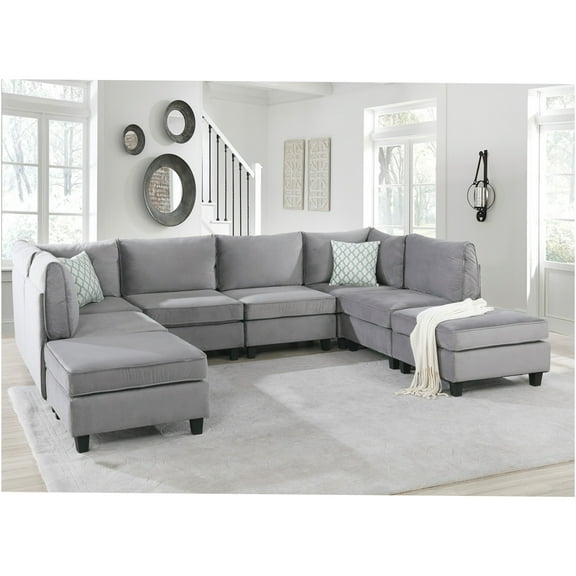 JERFIT Gray Velvet Modular Sectional Sofa, 8-Piece L-Shaped Couch Set with Ottoman and Pillows for Modern Living Room