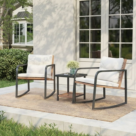 3 Piece Rocking Chair Set, Bistro Table and Chairs Set of 2, Outdoor Bistro Patio Set Patio Chairs and Square Table for Balcony, Porch, Garden