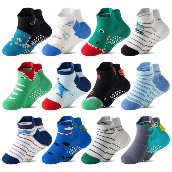 12 Pairs Baby Boys Grips Ankle Socks Kids Toddlers Infants Anti Slip Non Skid Funny Cartoon Crew Breathable Cotton Socks