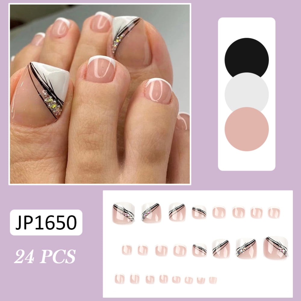Jp1650 Black And White Line Rhinestone Foot Nail Wearable Nail Art 24Pcs  Glossy Black Lines False Toenail White Edge French Nail with Diamond -  Walmart.com