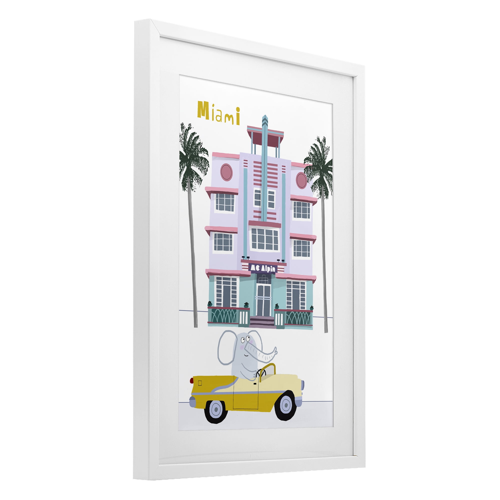 Elephant & Miami Hotel White Framed Print Under Glass, design by Carla Daly