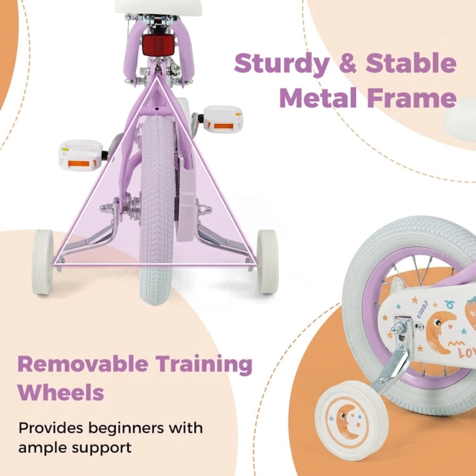 Redsmile Kids Bike 12 Inch with Adjustable Seat and Training Wheels for Boys Girls Ages 3-8, Stars & Moon Design Children Bicycle with Front Handbrake, Kids Bicycle 12in, Purple