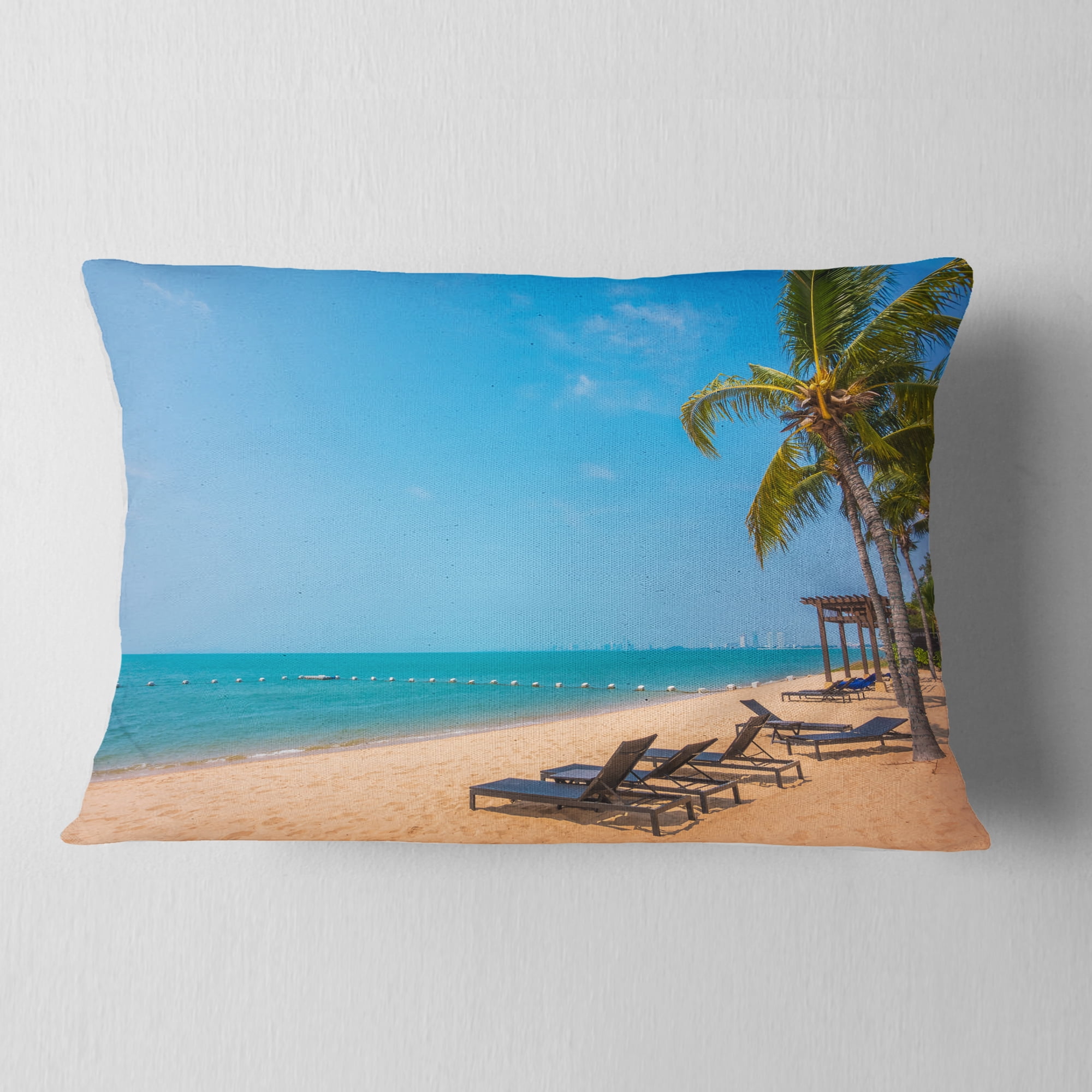 Designart Blue Beach with Palm Trees - Seashore Photo Throw Pillow - 12x20