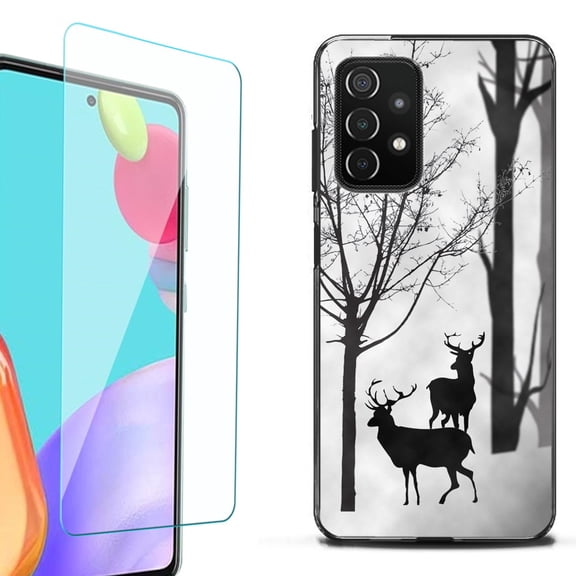 Slim-Fit Flexible TPU Gel Phone Case (black) for Samsung Galaxy A52 5G, with Tempered Glass Screen Protector, by OneToughShield ® - Forest Deer