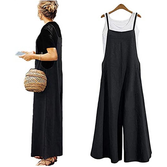 Monos de mujer Mamelucos largos casuales Pierna ancha Baberos holgados Monos Pantalones negro L ER