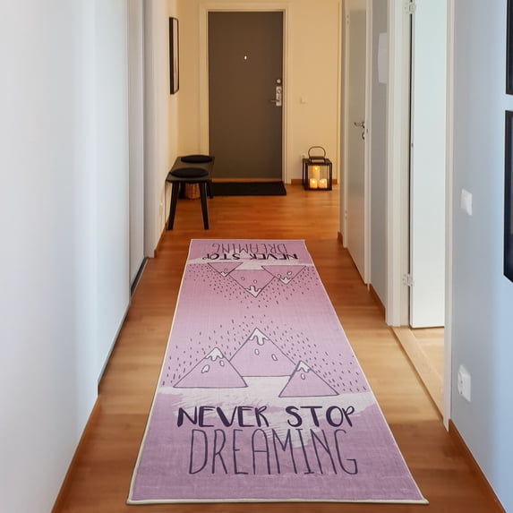 Saying Decorative Rug, Mountain Peaks and Never Stop Dreaming Goals Success Aspiration Print, Quality Carpet for Bedroom Dorm and Living Room, 6 Sizes, Pale Purple, by Ambesonne