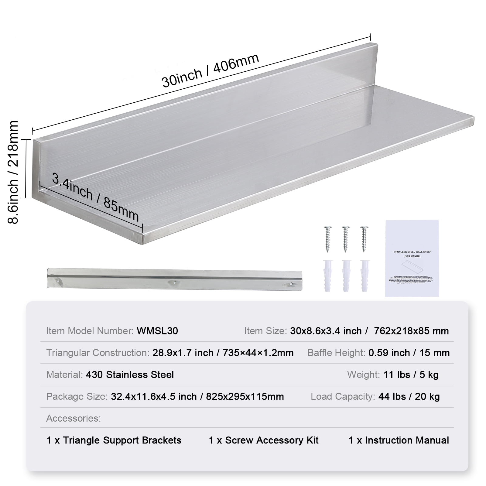 KFFKFF 8.6" x 30" Stainless Steel Wall Shelf, Floating Shelf with Backsplash, 44 lbs Load Capacity, Durable Storage Rack for Kitchens, Restaurants, Bars, Homes, and Hotels