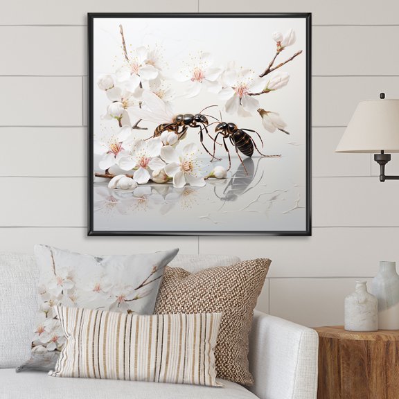 Designart "Busy Ants in Floral Work I" Animals Framed Wall Art - Black Insects & Bugs Entryway Framed Wall Art Print
