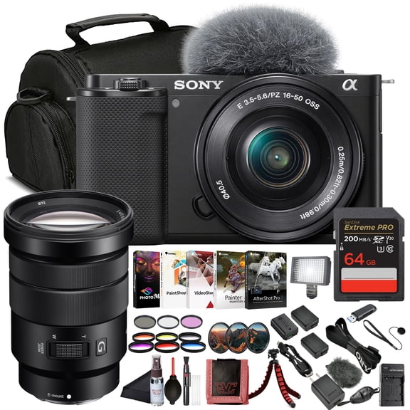 Sony ZV-E10 Mirrorless Camera Black with 16-50mm Power Zoom Lens (ILCZV-E10L) – 24.2 MP APS-C Sensor, 4K Video, Vari-Angle Screen w/ Sony 18-105mm Lens, 64GB Memory Card and More