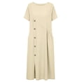 thumbnail image 6 of Danhjin Women's Summer Short Sleeve Linen Flowy Crewneck Dress Casual Loose A-Line Midi Long Beach With Hem Dress Vacation Outfits Wrinkle-Free Button Down, 6 of 9