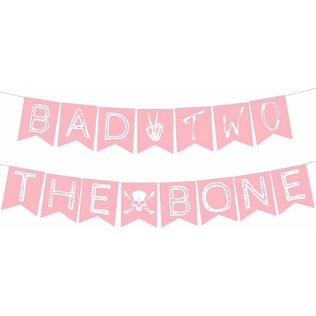 Bad Two The Bone Banner, 2nd Birthday Party Decorations, Rock n Roll Bone Skull Second Birthday Decoration, Born to Rock Music Theme 90s Bday Party Supplies Pink for Girls Kids