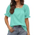 thumbnail image 1 of Blusa de manga corta suave y elegante, holgada, de color puro, para usar en la oficina o al aire libre, talla L, camiseta verde con mangas abullonadas para mujer, 1 of 6