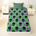 thumbnail image 3 of Homewish Cartoon Green Skull Bat Twin Sheets,Swirl Heart Halloween Bedding, 3pcs, 1 Flat Sheet, 1 Fitted Sheet and 1 Pillowcase, 3 of 5